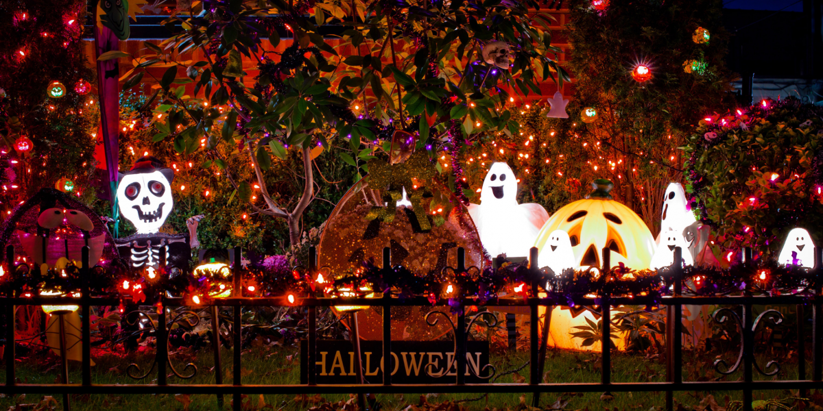 A halloween-decorated front yard