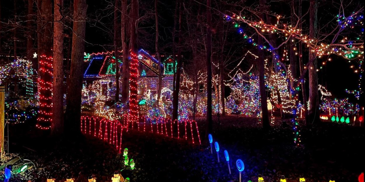 A home, full of sparkling christmas lights, deep in the forest.