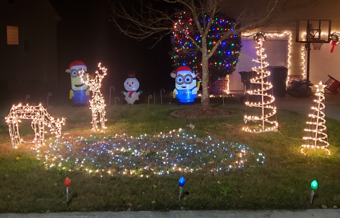 Christmas lights in Durham featuring Minions, a snowman and two deer.
