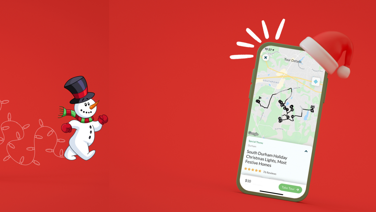 cartoon snowman walking torward cell phone depicting Christmas lights tour