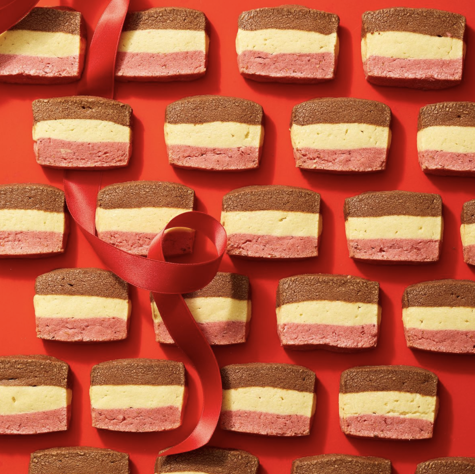 black, white, and pink striped cookies.