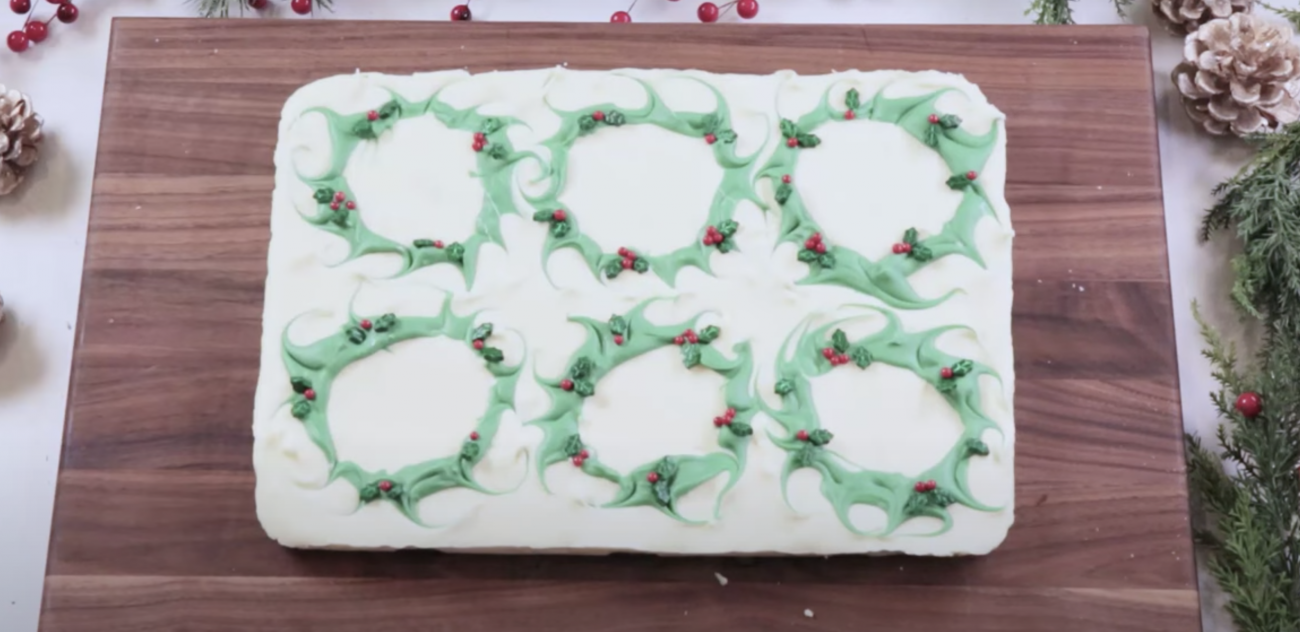 hardened white chocolate with green icing wreaths on top 