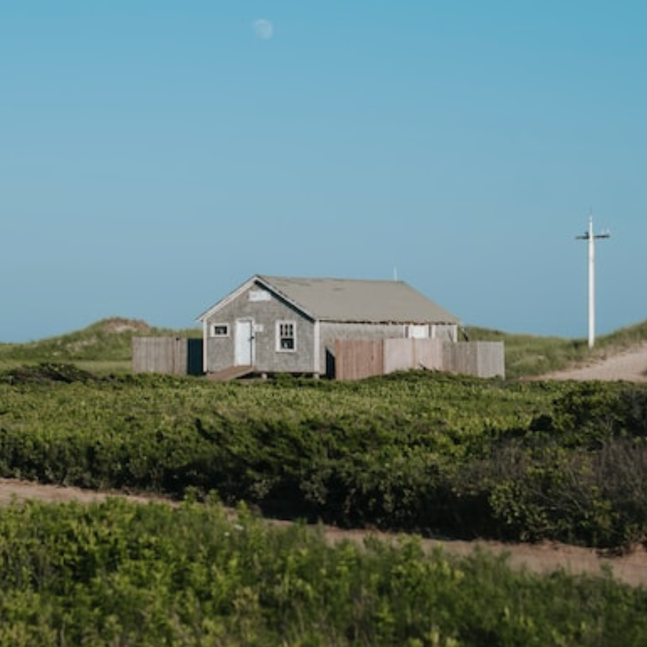 A small white and brown house, surrounded by short grasses, overlooking South Beach, Martha's Vineyard
