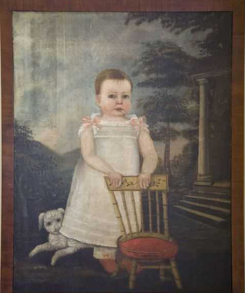 An old-fashioned painting of a young child. The child stands behind a chair, a dog sits patiently behind the child.